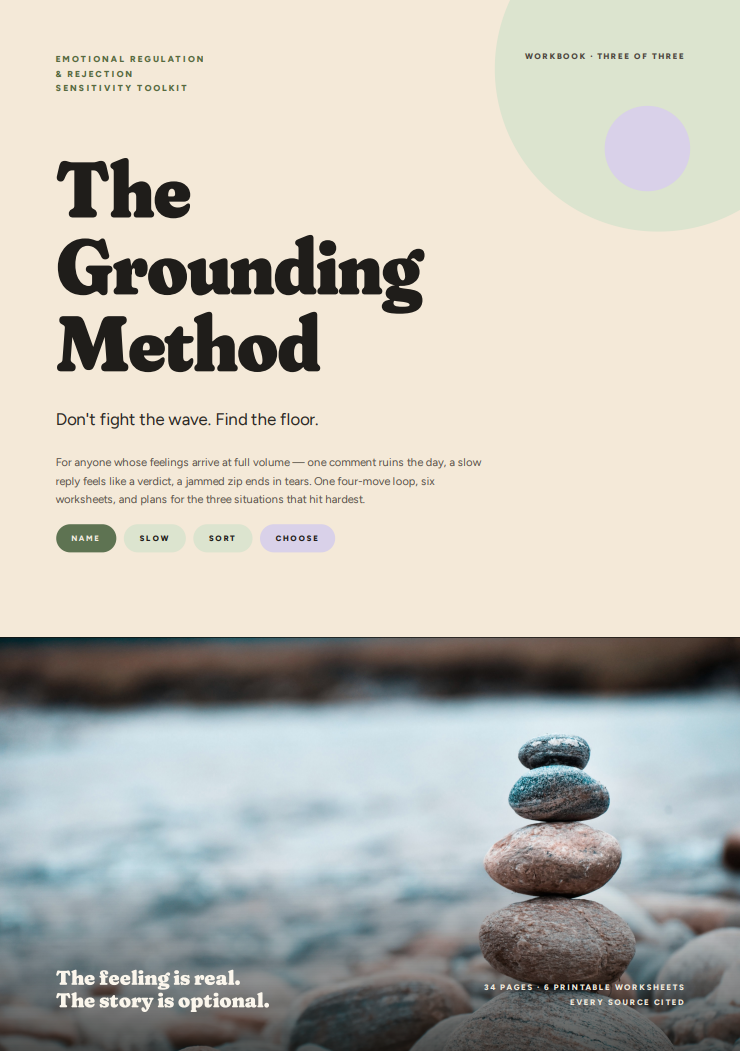 The Grounding Method – cover showing stacked river stones with the tagline 'The feeling is real. The story is optional.'