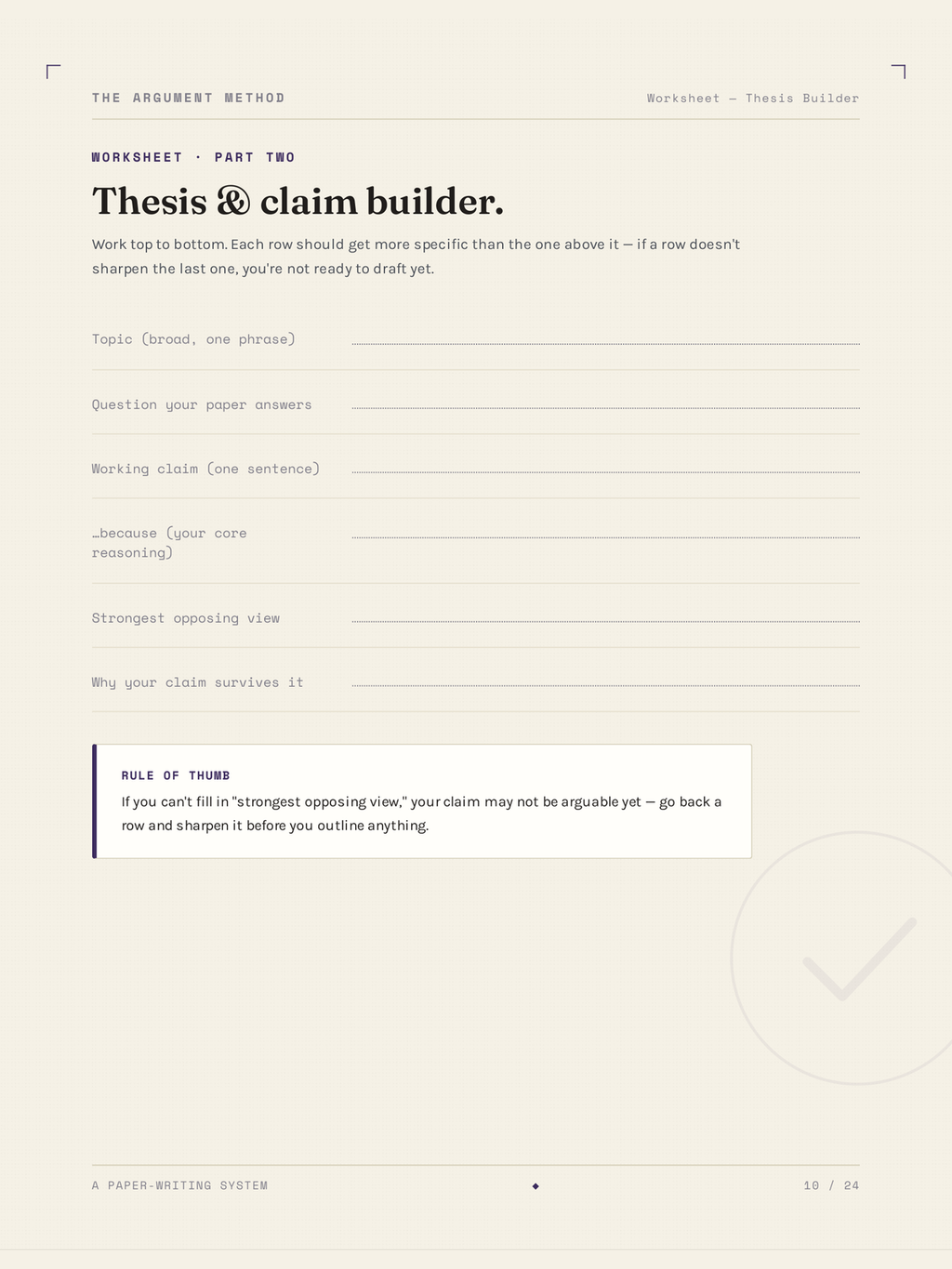 The Thesis & claim builder worksheet from The Argument Method