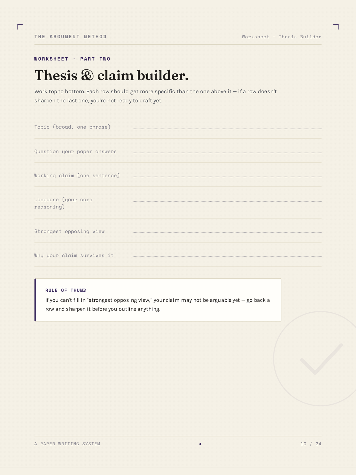 The Thesis & claim builder worksheet from The Argument Method