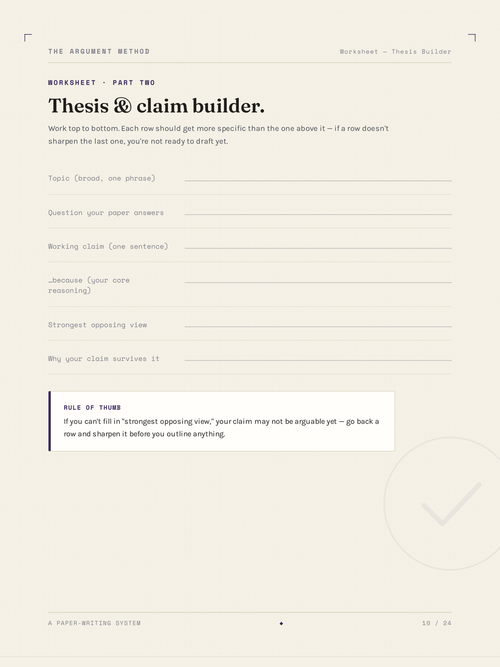 The Thesis & claim builder worksheet from The Argument Method