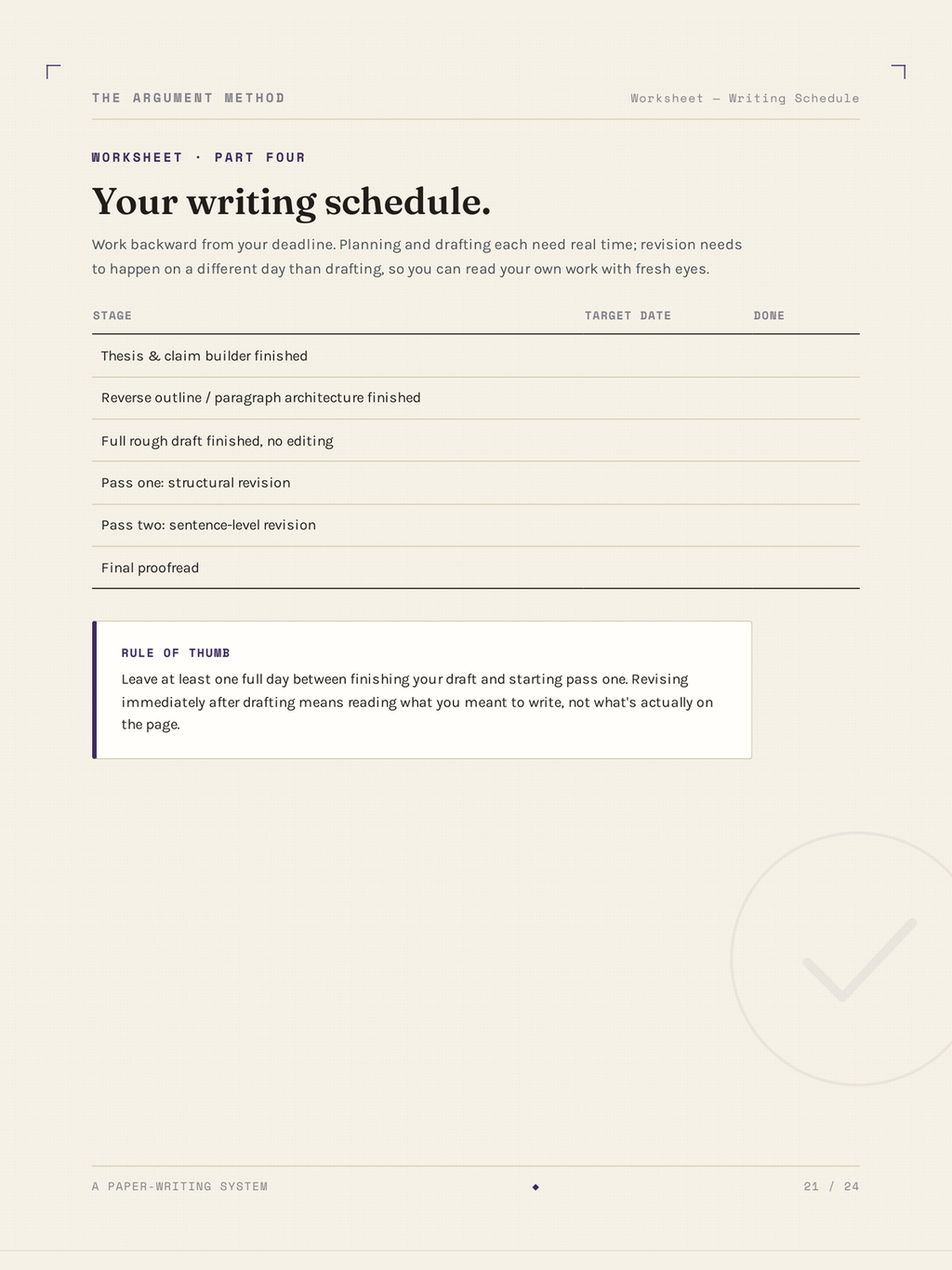 The Writing schedule worksheet from The Argument Method