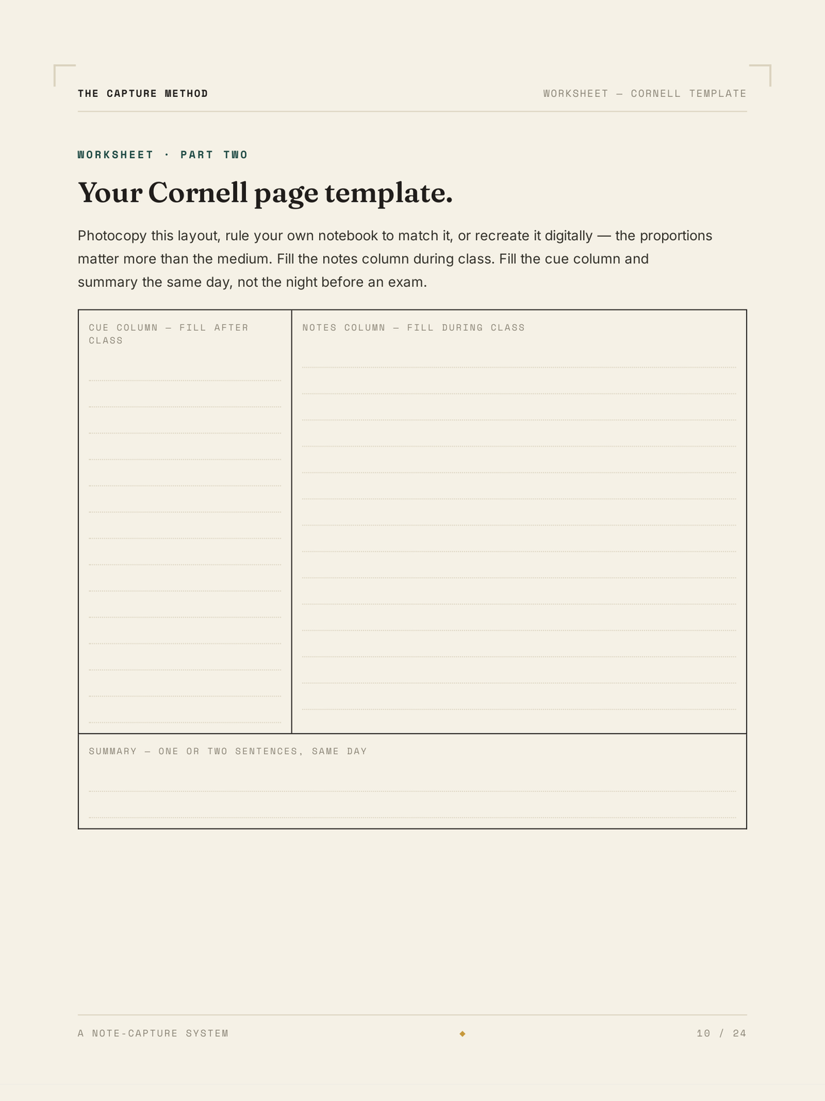 The Cornell page template worksheet from The Capture Method