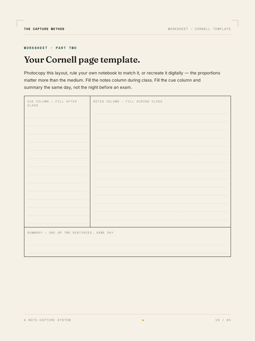 The Cornell page template worksheet from The Capture Method
