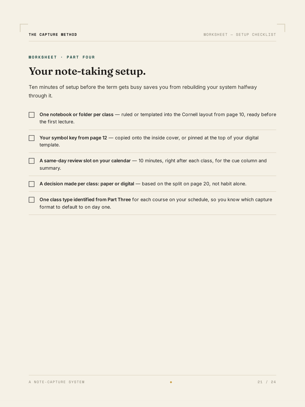 The Note-taking setup checklist worksheet from The Capture Method