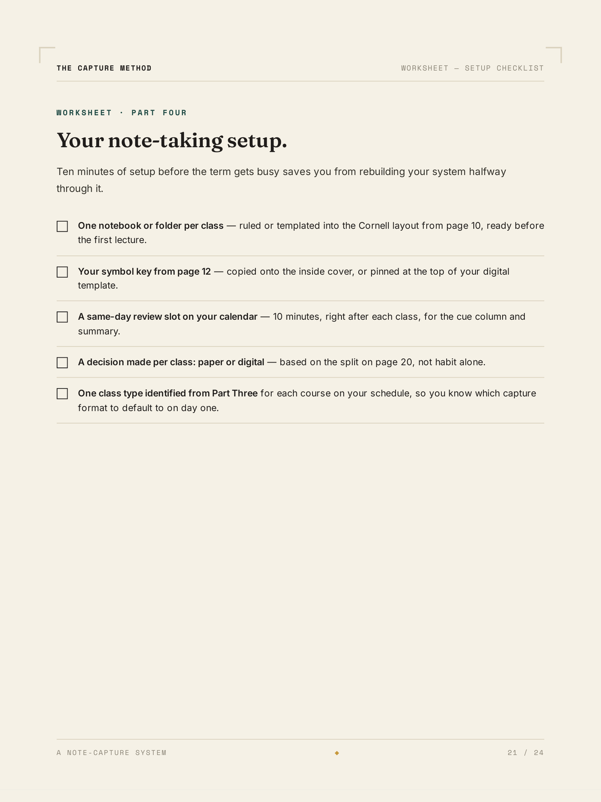 The Note-taking setup checklist worksheet from The Capture Method