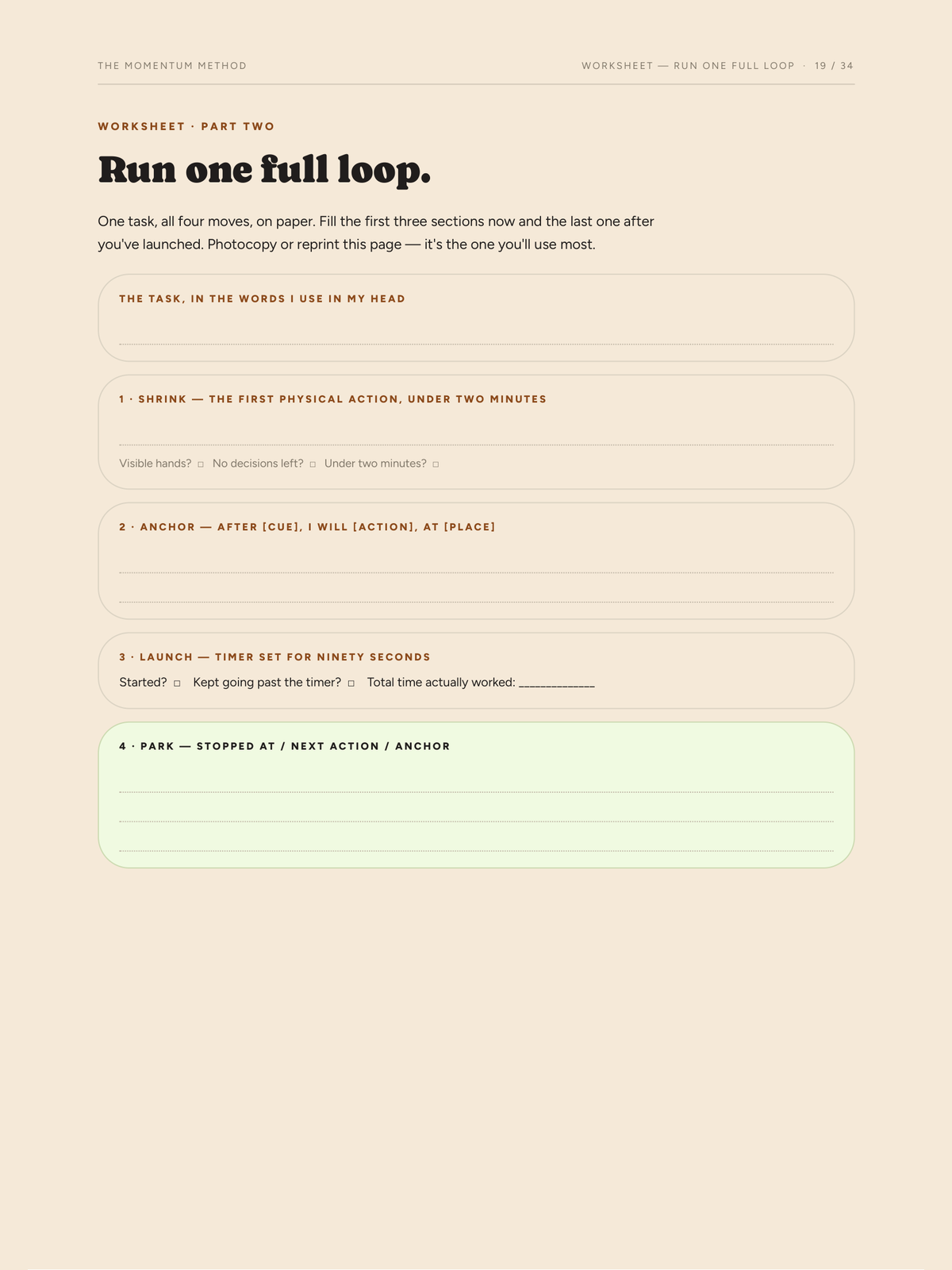 The Run one full loop worksheet from The Momentum Method