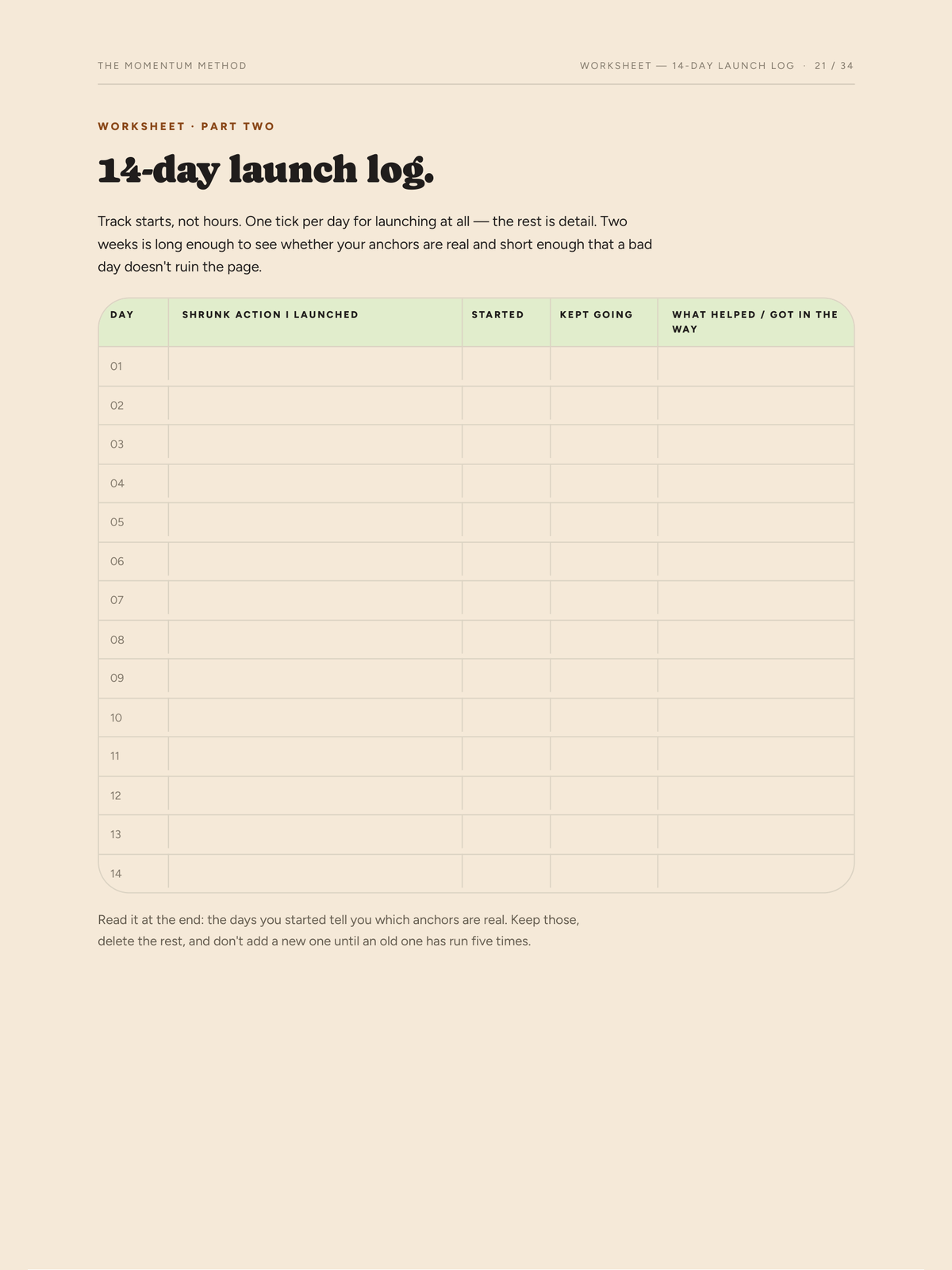 The 14-day launch log worksheet from The Momentum Method