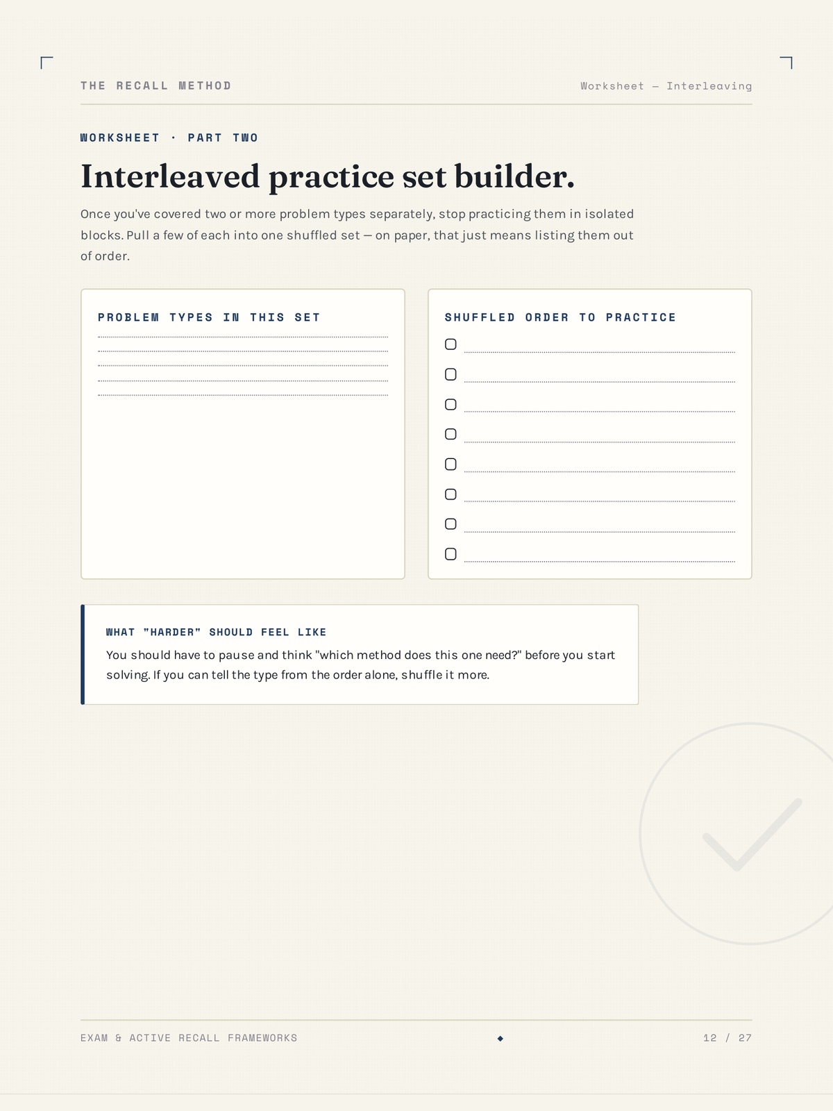 The Interleaved practice set builder worksheet from The Recall Method