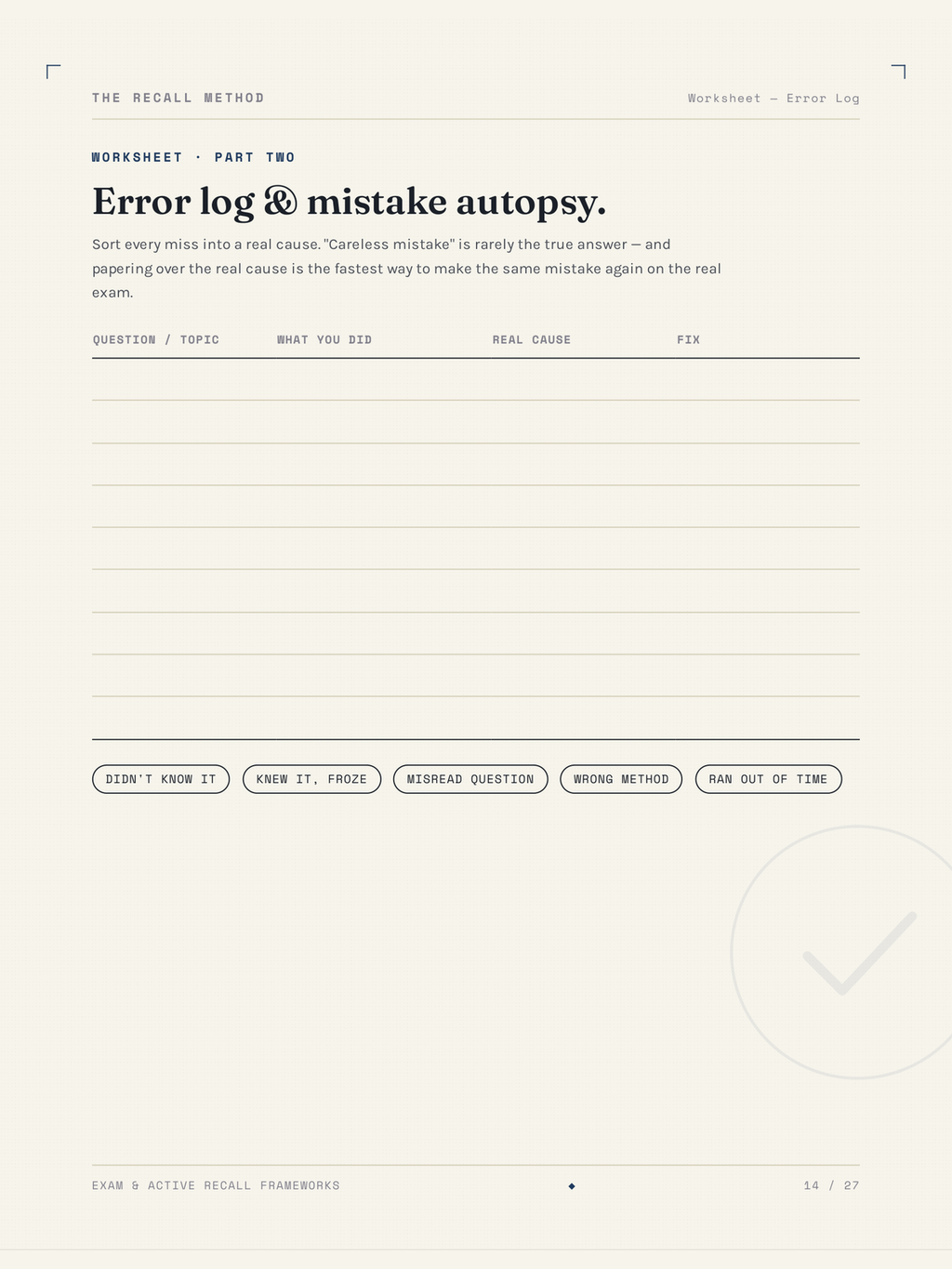 The Error log & mistake autopsy worksheet from The Recall Method