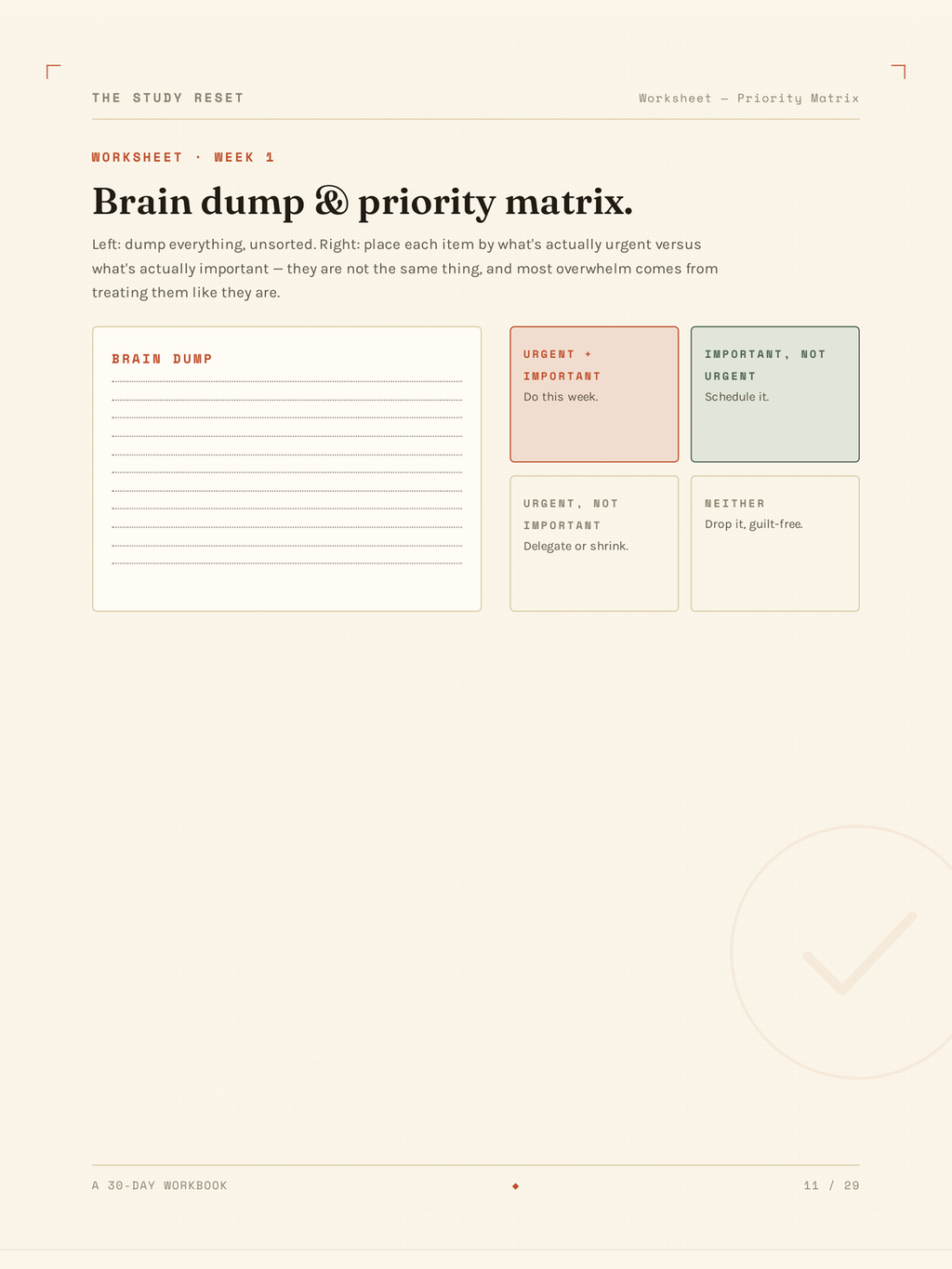 The Brain dump & priority matrix worksheet from The Study Reset