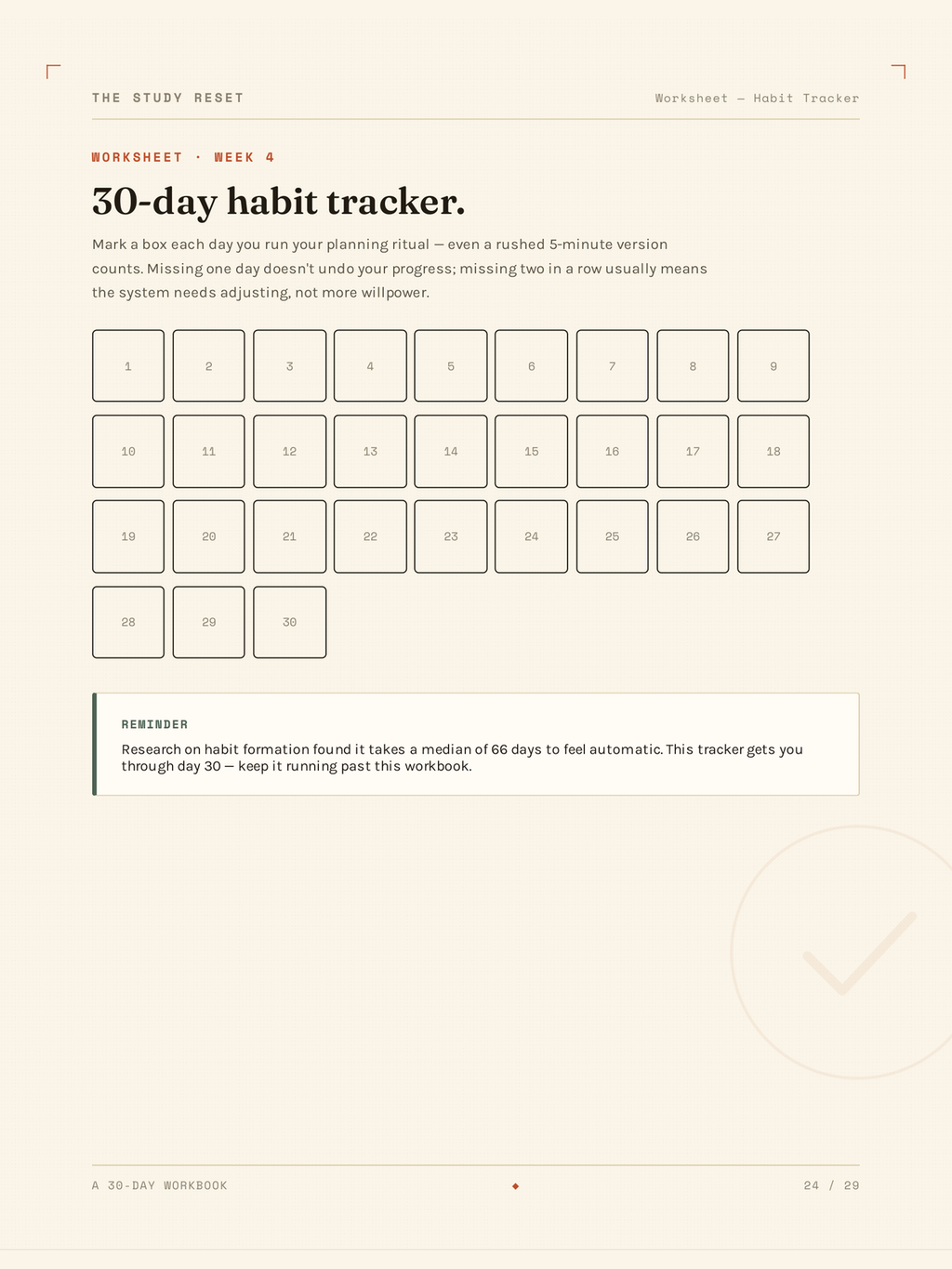 The 30-day habit tracker worksheet from The Study Reset