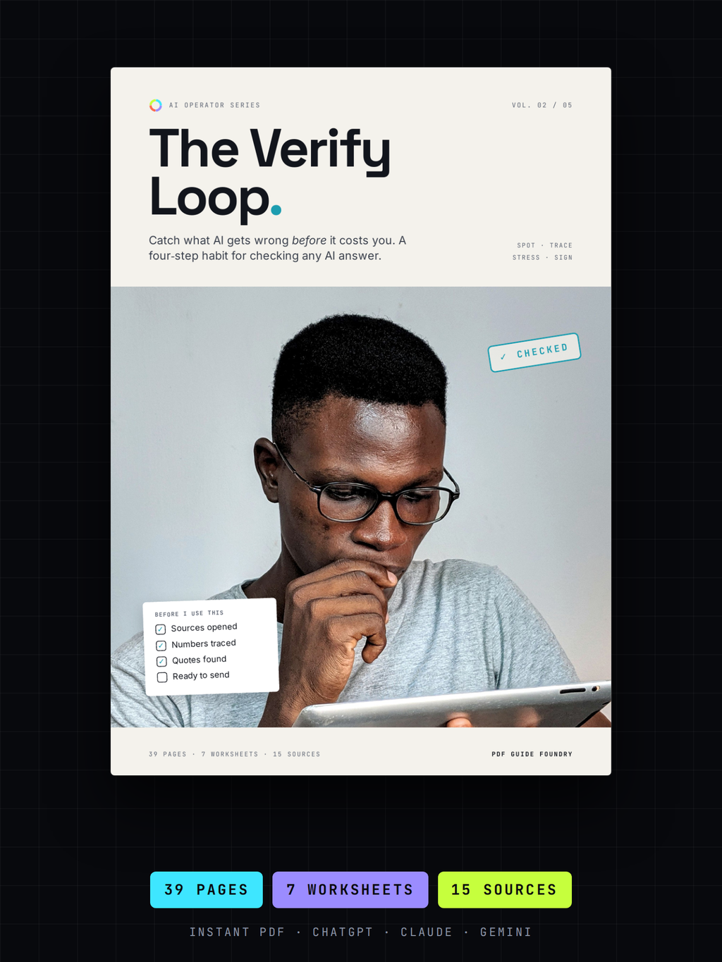 The Verify Loop – AI Fact-Checking Workbook cover, Vol. 02 of the AI Operator Series